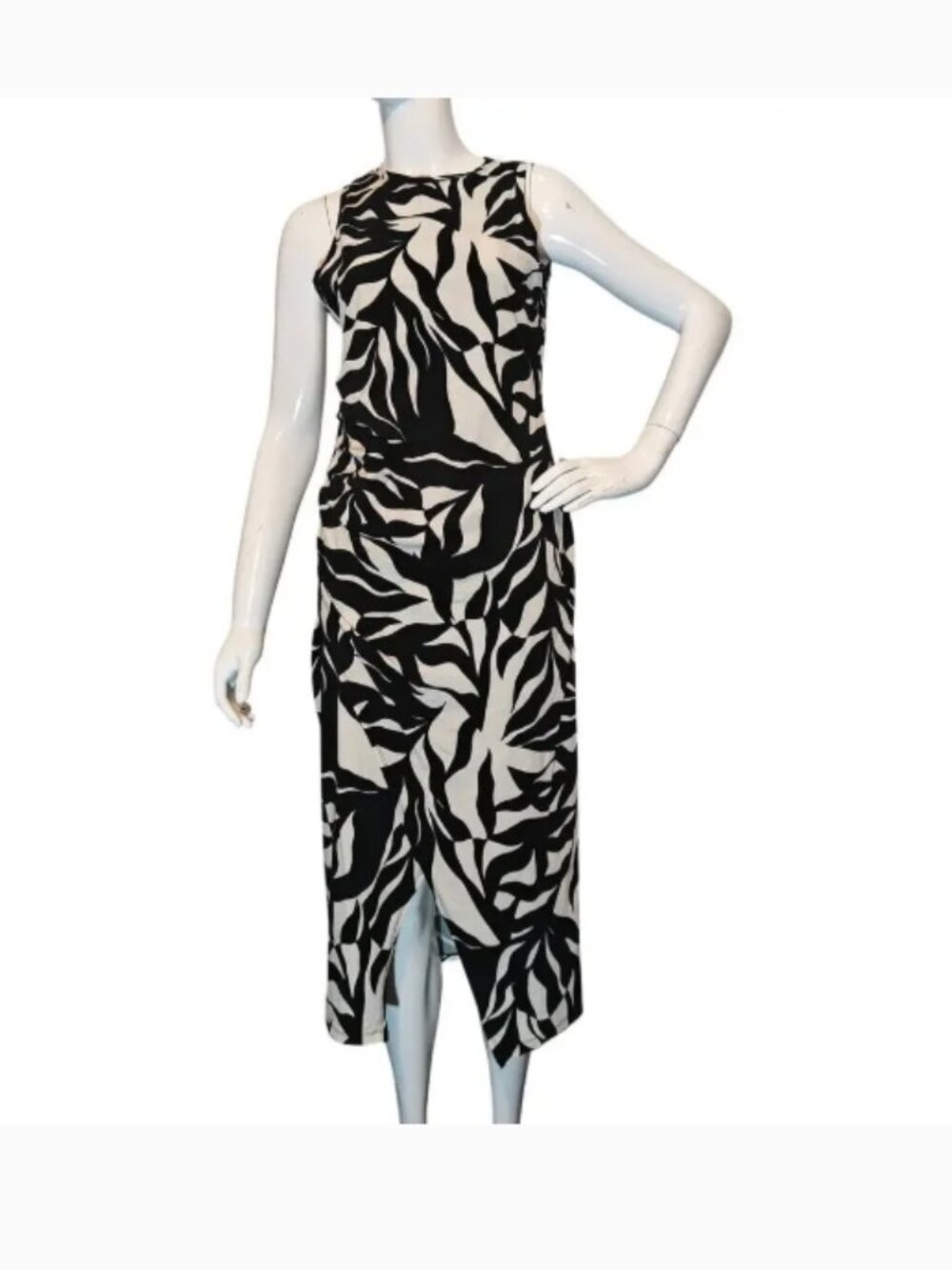 NWT INC Black White Abstract Print Bloom Midi Dress Sleeveless Slit Cotton